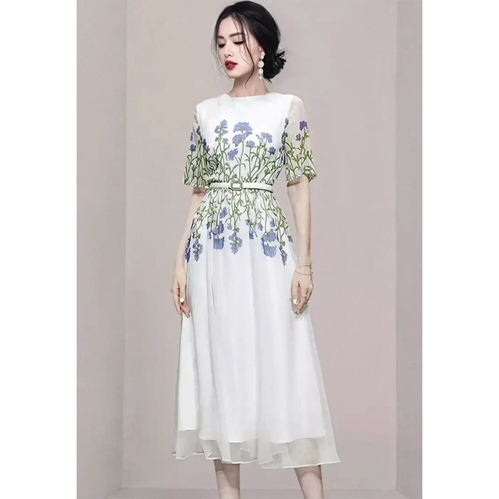 Feiman White Floral Chiffon Midi Dress Short Sleeve Blue Embroidery Size M - Picture 2 of 11